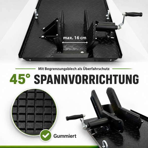 45 Grad Spannvorrichtung für Motorradhebebühne mit gummierten Klemmbacken, maximal 16 Zentimeter Spannweite und Begrenzungsblech.
