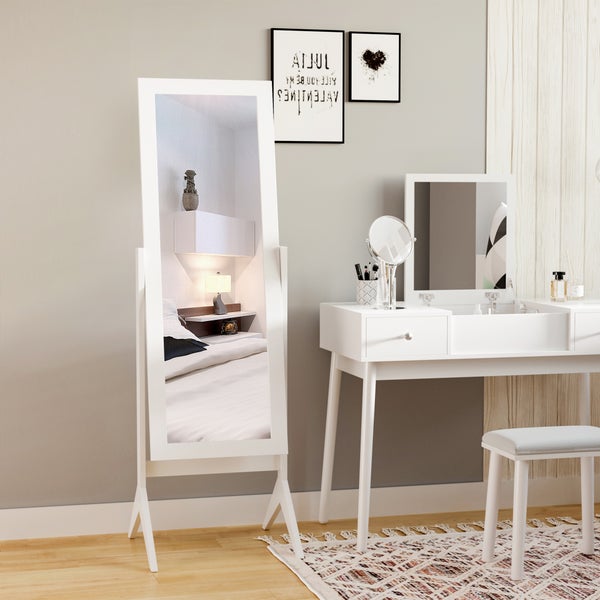 HOMCOM Standspiegel Ganzkörperspiegel Schminkspiegel Erhöhte Füße Pflegeleicht MDF Weiß 47 x 46 x 148 cm