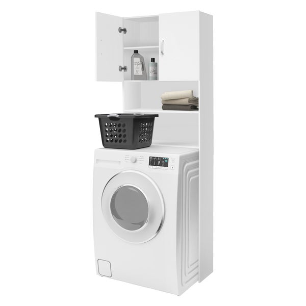 ECD Germany Waschmaschinenschrank 190 x 63 cm mit 2 Türen Weiß Badezimmerschrank für Waschmaschine Trockner - Hochschrank Badmöbel Badregal Badschrank Umbauschrank Überbau Waschmaschinenüberbau