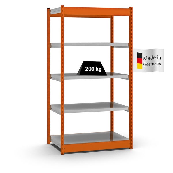 PROREGAL Fachbodenregal Stecksystem Vierkant-Profil Grundregal HxBxT 200 x 102,5 x 60 cm 5 Ebenen Einseitige Bauart Fachlast 200 kg Orange