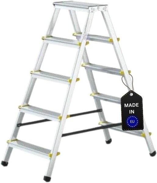 PROREGAL Trapladder Economy Basic, eenzijdig beloopbaar, 6 treden, werkhoogte 3,19 m, draagvermogen 125 kg, aluminium ladder, multifunctionele ladder, vouwladder, huishoudladder, werkladder, ladder