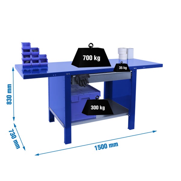 Werkbank BUFFALO METAL mit 1x Schublade | HxBxT 83x150x73cm | Traglast 700kg | Blau