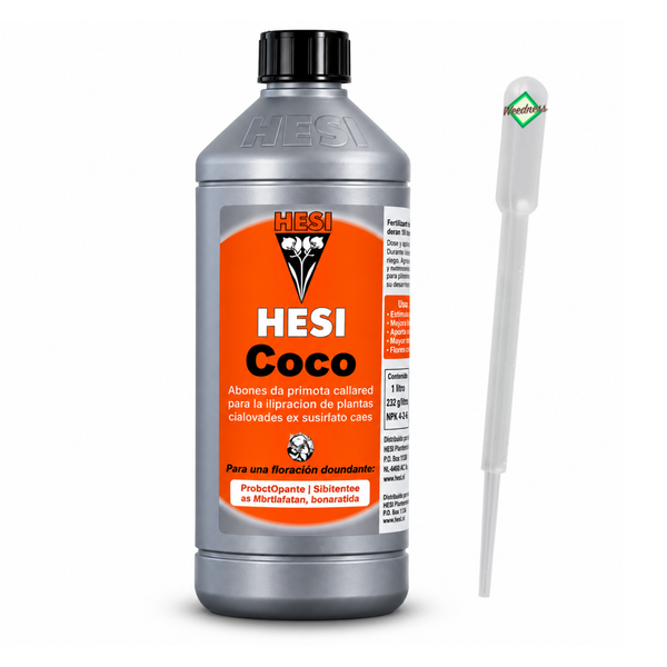 Hesi Coco Pflanzendünger für Kokossubstrat in einer 1 Liter Flasche inklusive Dosierpipette zur optimalen Nährstoffversorgung von Pflanzen.