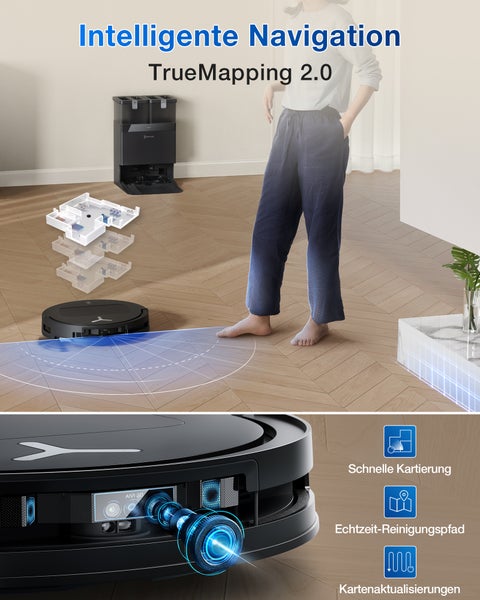 Szene mit Saugroboter, Reinigungsstation und intelligenter Navigationstechnologie auf einem Holzboden.