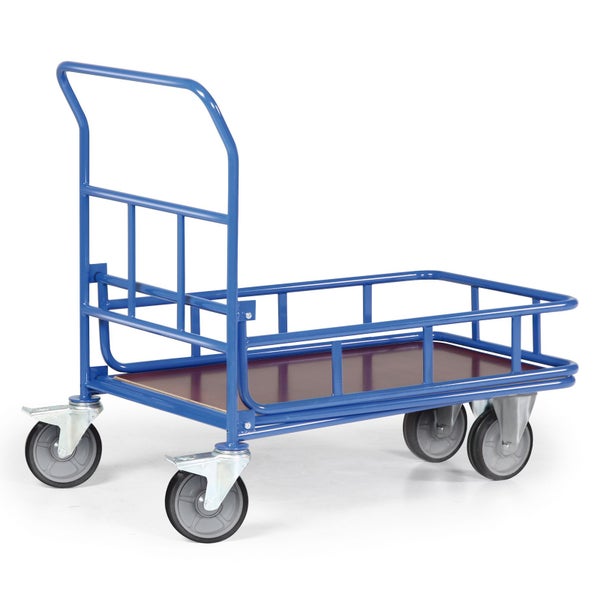 Blauer Plattformwagen mit Rädern und Griff