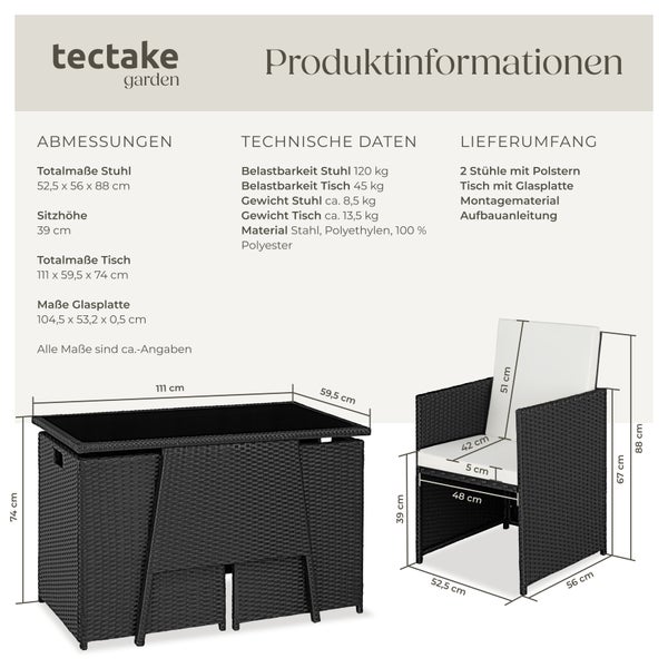 Rattan Sitzgruppe tectake Lausanne zusammenschiebbar für 2 Personen schwarz
