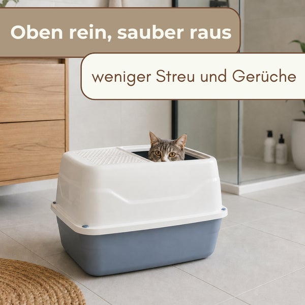 Katzentoilette mit Einstieg von oben im hellen Bad mit einer Katze. Text: Oben rein, sauber raus, weniger Streu und Gerüche.