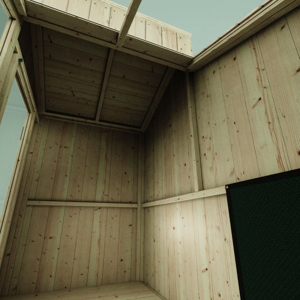 Innenansicht eines Holzgartenhauses mit Deckenkonstruktion
