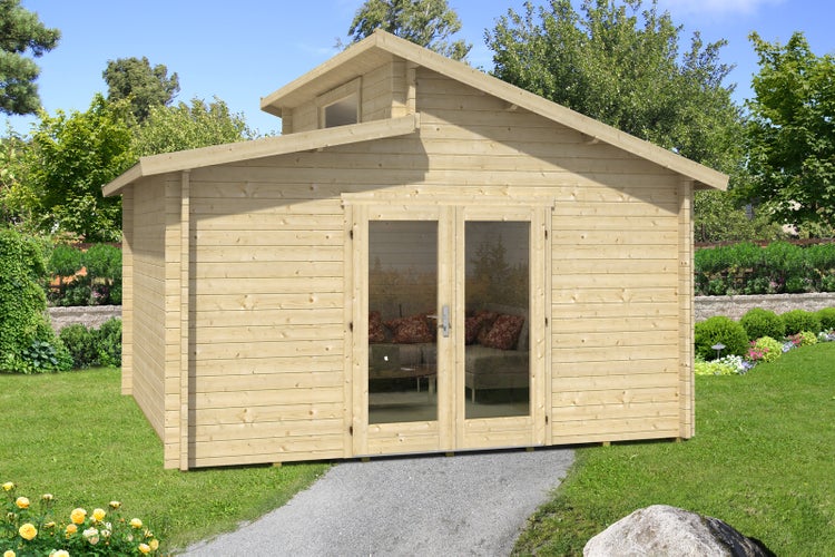 Alpholz Gartenhaus Lausitz ISO - Blockhaus mit Doppel-Pultdach, Massivholz Blockhütte - Mit Imprägnierung (Pinie), 40 mm Wandstärkre