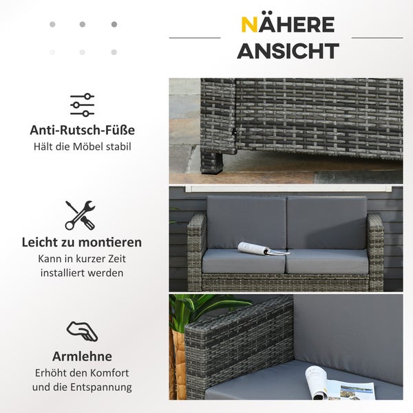 Detailansicht einer grauen Loungegruppe aus Polyrattan mit rutschfesten Füßen, einfacher Montage und Armlehnen.