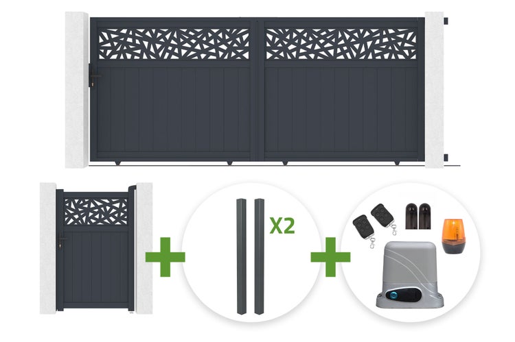 Doppelflügeltor mit Pforte, Pfosten und Torantrieb, modernes Design mit geometrischem Muster im oberen Bereich, robustes Aluminium für den Garten.