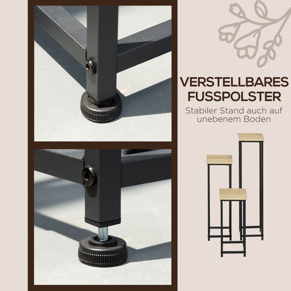 Outsunny 3-teiliges Set Pflanzenständer Stapelbarer Blumenhocker Blumentopfhalter Platzsparender Pflanzenhocker im Industriedesign für Garten Balkon Schwarz+Natur
