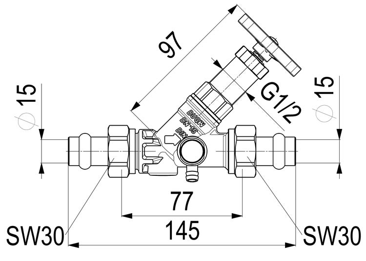 Technische Zeichnung eines Schrägsitzventils mit Pressanschlüssen, Länge einhundertfünfundvierzig Millimeter, Durchmesser fünfzehn, ein halb Zoll.