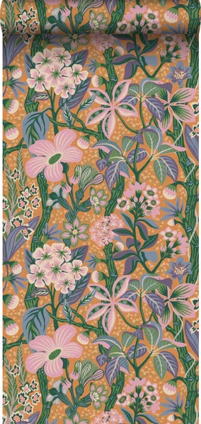Borastapeter Tapete tropische Blätter und Blüten Orange und Rosa - 49 cm x 10.05 m - 660818