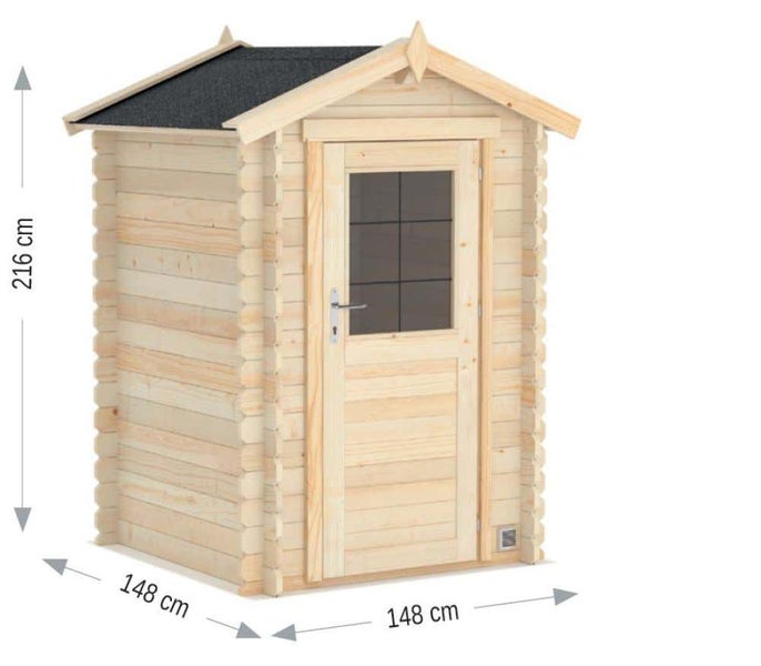 Gartenhaus aus Holz mit Satteldach und Einzeltür mit Fenster, Maße 148 x 148 x 216 Zentimeter.
