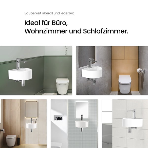 EMKE U-förmiges Handwaschbecken 303 x 255 mm, Keramik, Glänzend Weiß, Wandwaschbecken, mit Wasserhahnbohrung, für Badezimmer und Gäste-WC, Höhe: 12 cm