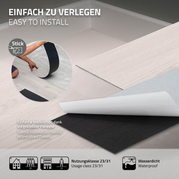ML-Design Deluxe PVC Bodenbelag, Selbstklebende Vinyl-Dielen, Vinylboden, 91,5 cm x 15,3 cm x 2 mm, Dicke 2 mm, 4,46m²/32 Dielen, Weiß Eiche, Holzoptik, rutschfest, wasserfest, Einfache Verlegung