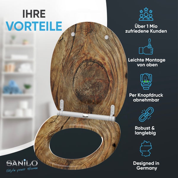 Sanilo WC-Sitz mit Holzdekor. Produktvorteile: einfache Montage von oben, per Knopfdruck abnehmbar, robuste Qualität und deutsches Design.