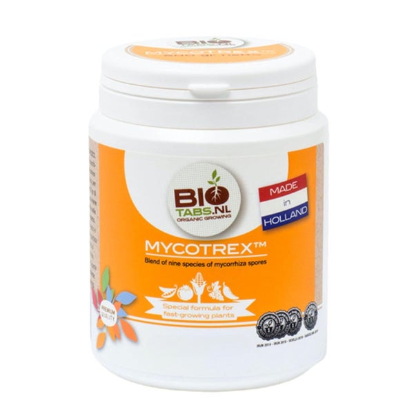 BioTabs Mycotrex Mykorrhiza Sporen in einer 500 Gramm Kunststoffdose für biologisches Pflanzenwachstum.