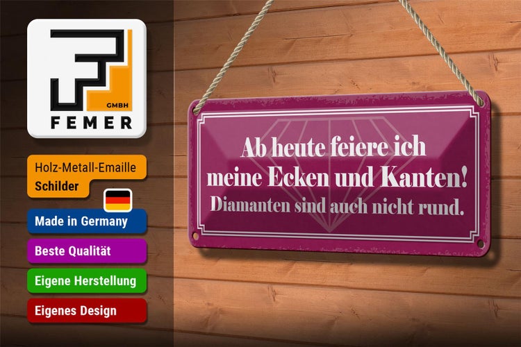Blechschild Spruch 27x10cm feiere meine Ecken und Kanten Dekoration