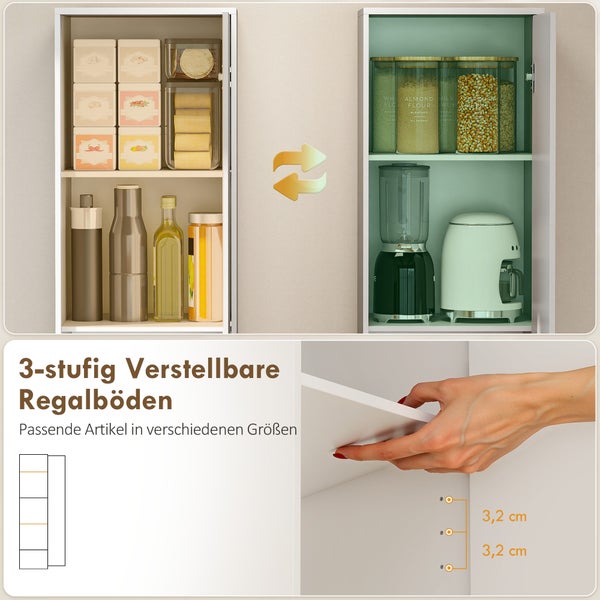 Küchenschrank mit 3-stufig verstellbaren Regalböden in Abständen von 3,2 Zentimetern für flexible Aufbewahrung von Vorratsgläsern und Kleingeräten.