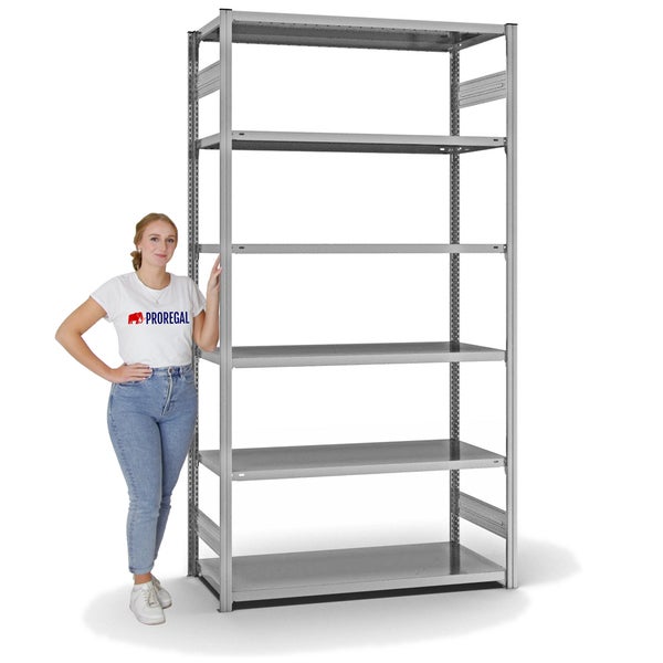PROREGAL Fachbodenregal Stecksystem T-Profil Light-Duty Grundregal HxBxT 250 x 130 x 60 cm 6 Ebenen Fachlast 190 kg Beidseitig Nutzbar Verzinkt