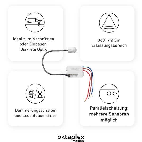 Einstellregler für Lichtempfindlichkeit und Zeit eines Bewegungsmelders. Lux 3 bis 2000, Zeit 10 Sekunden bis 8 Minuten. oktaplex motion Logo.