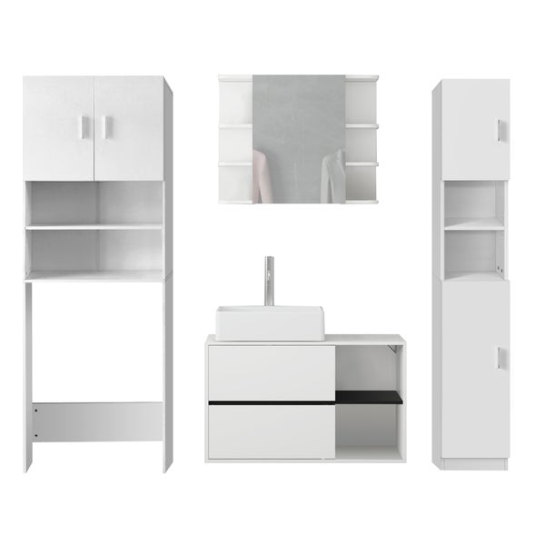 ML-Design Badmöbel-Set 4-teilig Badezimmermöbel Set Badmöbel Komplettset, Spiegelschrank Waschtisch mit Unterschrank Hochschrank Waschmaschinenschrank Badezimmerschrank, Modern Weiß Holz viel Stauraum