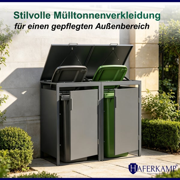 Eine doppelte Mülltonnenverkleidung aus Metall mit geöffneten Deckeln und Türen für einen sauberen Außenbereich von Haferkamp.