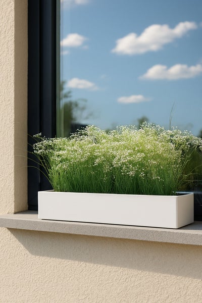 Rechteckiger weißer Blumenkasten auf einer Fensterbank mit grünen Gräsern und kleinen weißen Blüten.