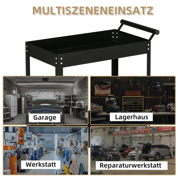 DURHAND Werkstattwagen mit 2 Etagen, Werkzeugwagen leer, Transportwagen, seitlicher Griff, 4 Rollen, Stahl, bis 150 kg Tragkraft, 84,5 x 38 x 84 cm, Schwarz