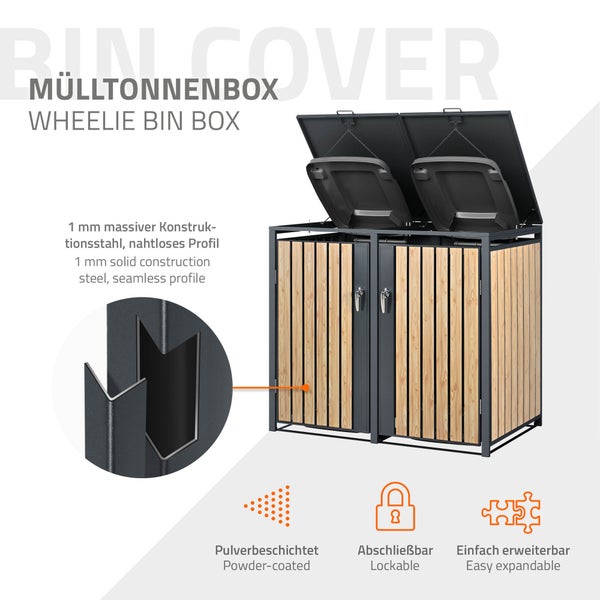 ML-Design Mülltonnenbox 4er 4 Tonnen 240L 264x80x116,3cm Anthrazit-Lärchenoptik, Stahl wetterfest/abschließbar Mülltonnenverkleidung Klappdeckel/4 Türen, Müllbox Mülltonnecontainer Mülltonnenabdeckung