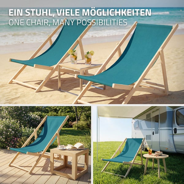 Klappbarer Liegestuhl aus Holz mit türkisem Stoff in drei Szenen: am Strand, auf einer Gartenterrasse und beim Camping neben einem Wohnmobil.