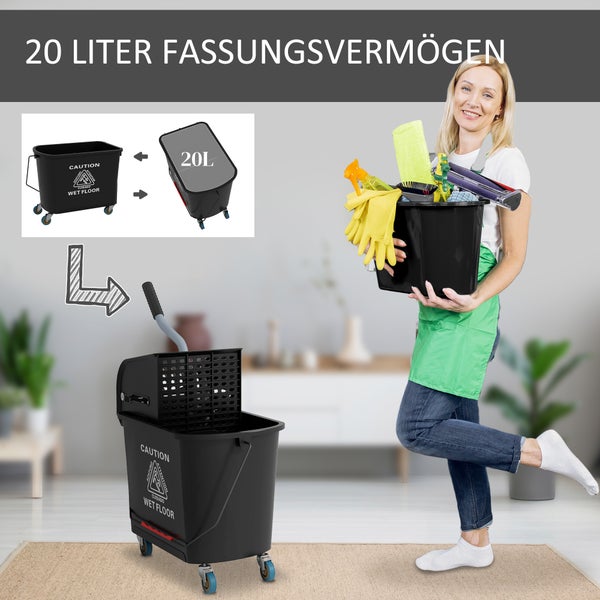 HOMCOM Putzwagen Reinigungswagen mit Wischmopp Presse 20 L Eimer mit Trennwand für Gebäudereinigung Hotel Schwarz