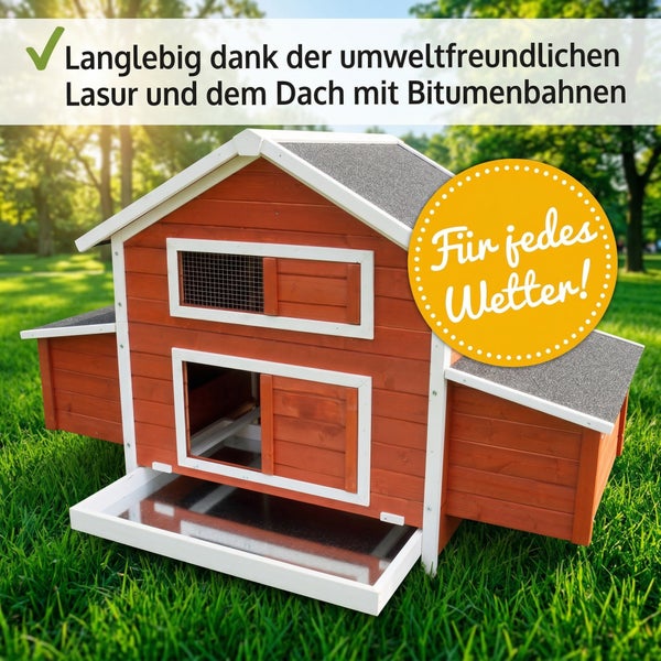 Hühnerstall aus Holz mit Schiebetür und Rampe, 171 Zentimeter Länge, 90 Zentimeter Tiefe und 113 Zentimeter Höhe.