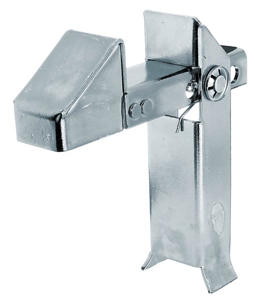 Ein metallischer Torfeststeller in L-Form aus verzinktem Stahl zur Fixierung von Gartentoren oder Flügeltoren.
