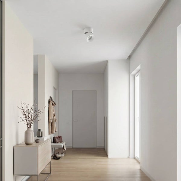 Moderner Flur mit hellem Holzfußboden, einer Kommode und einem runden Deckenstrahler an der weißen Decke.