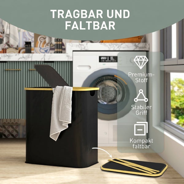 Faltbarer Wäschesammler aus Stoff mit stabilen Griffen in einem Waschraum vor einer Waschmaschine.