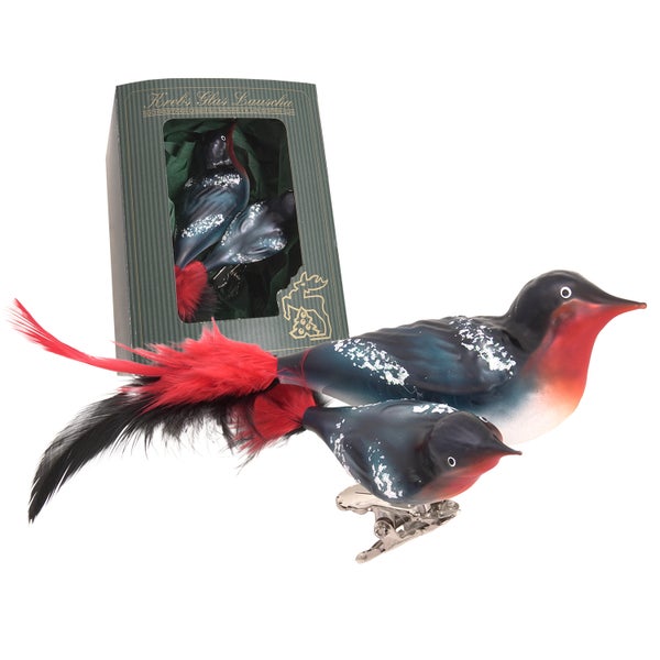 Glasvogel-Christbaumschmuck mit Feder und Verpackung