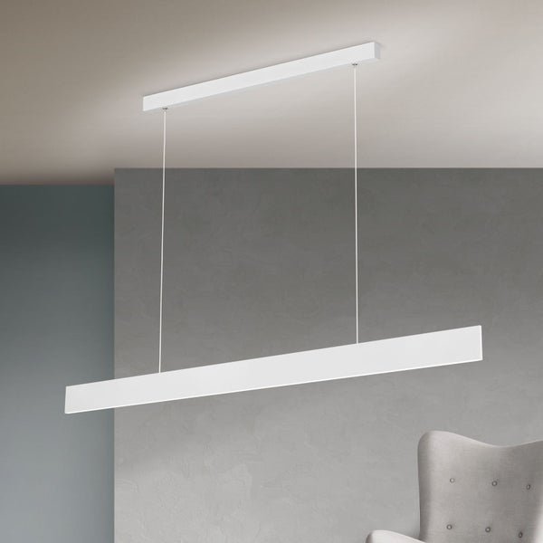 Moderne, längliche LED Pendelleuchte mit schlankem Design in geradliniger Optik für eine gleichmäßige Raumbeleuchtung.