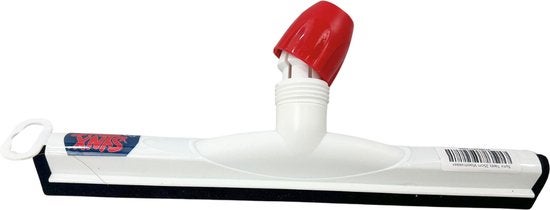 Bodenabzieher aus weißem Kunststoff mit schwarzer Gummilippe und roter Stielaufnahme.