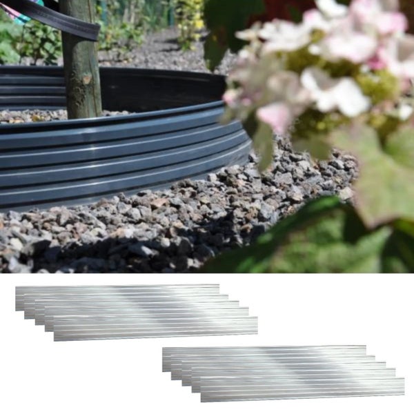 Flexible Rasenkante aus geripptem Metall zur Beetumrandung von Bäumen im Kiesgarten.