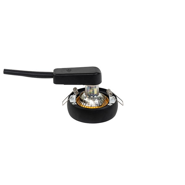 Schwarzer Einbaustrahler mit LED-Leuchtmittel, GU10-Fassung, Anschlusskabel und Montagefedern.