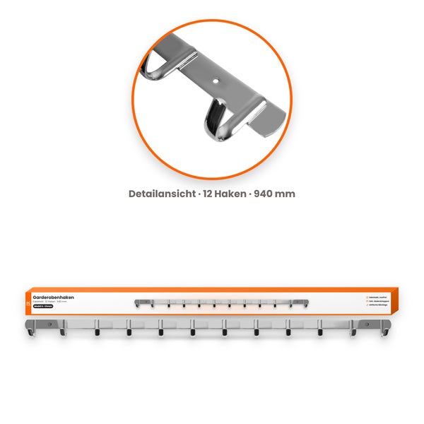 Garderobenhaken aus Edelstahl mit 12 Haken, 940 Millimeter lang, inklusive Abdeckkappen und Befestigungsmaterial zur Wandmontage.