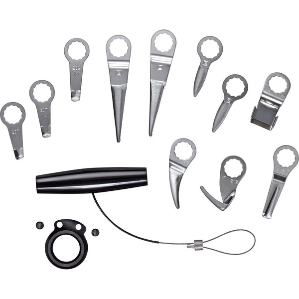 Mehrzweckwerkzeug-Set mit Griff und verschiedenen Aufsätzen für unterschiedliche Anwendungen.