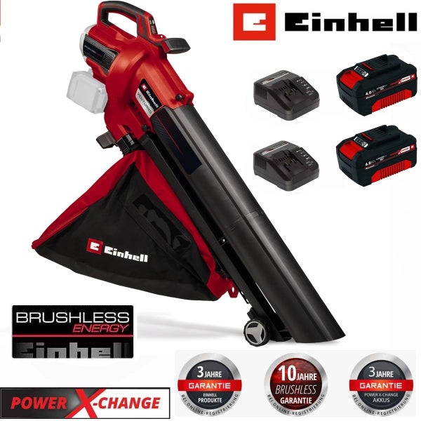 Einhell Akku-Laubsauger Venturro mit zwei Power X-Change Akkus und zwei Ladegeräten sowie Einhell Logo und Garantiehinweisen.
