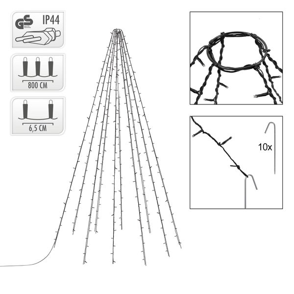 ECD Germany Fahnenmast Lichterkette, 10 Stränge à 8 Meter mit 360 LED in Warmweiß für Bäume, inkl. 10 Heringen und 10 Kabelbindern, Schwarz, IP44, Außen, Fahnenstangen Beleuchtung Außenbeleuchtung