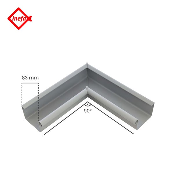 Inefa Logo. Dachrinnen-Ecke in Kastenform, 90 Grad Winkel, Breite 83 Millimeter, Kunststoff.