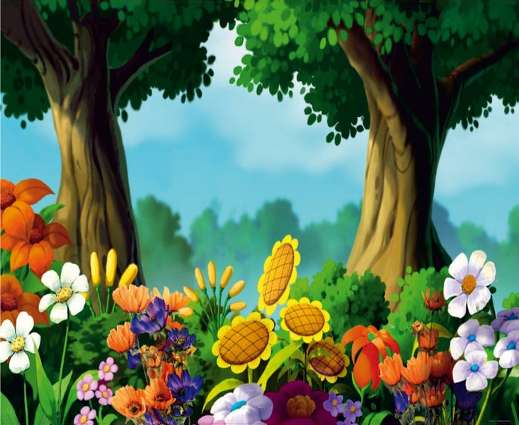 Illustration einer Wiese mit Bäumen und Blumen