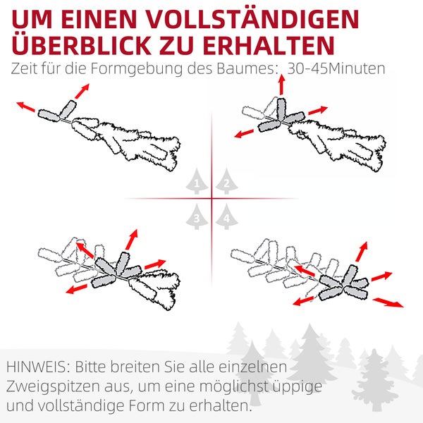 Anleitung zum Formen eines künstlichen Weihnachtsbaums durch Ausbreiten der Zweigspitzen in vier Schritten. Dauer circa 30 bis 45 Minuten.
